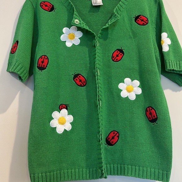 Vintage Mandal Bay Short Sleeve Knit Ladybug & Daisy Cardigan - Picture 4 of 10